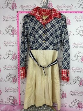 Hearsay Two-Tone Plaid Midi Dress with Contrast Collar in Navy, Red & Cream